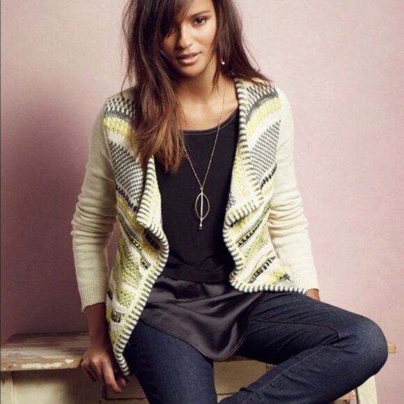 Anthropologie Moth Chaux Metallic Open Front Drape Cardigan Sweater Size Medium - Picture 3 of 14